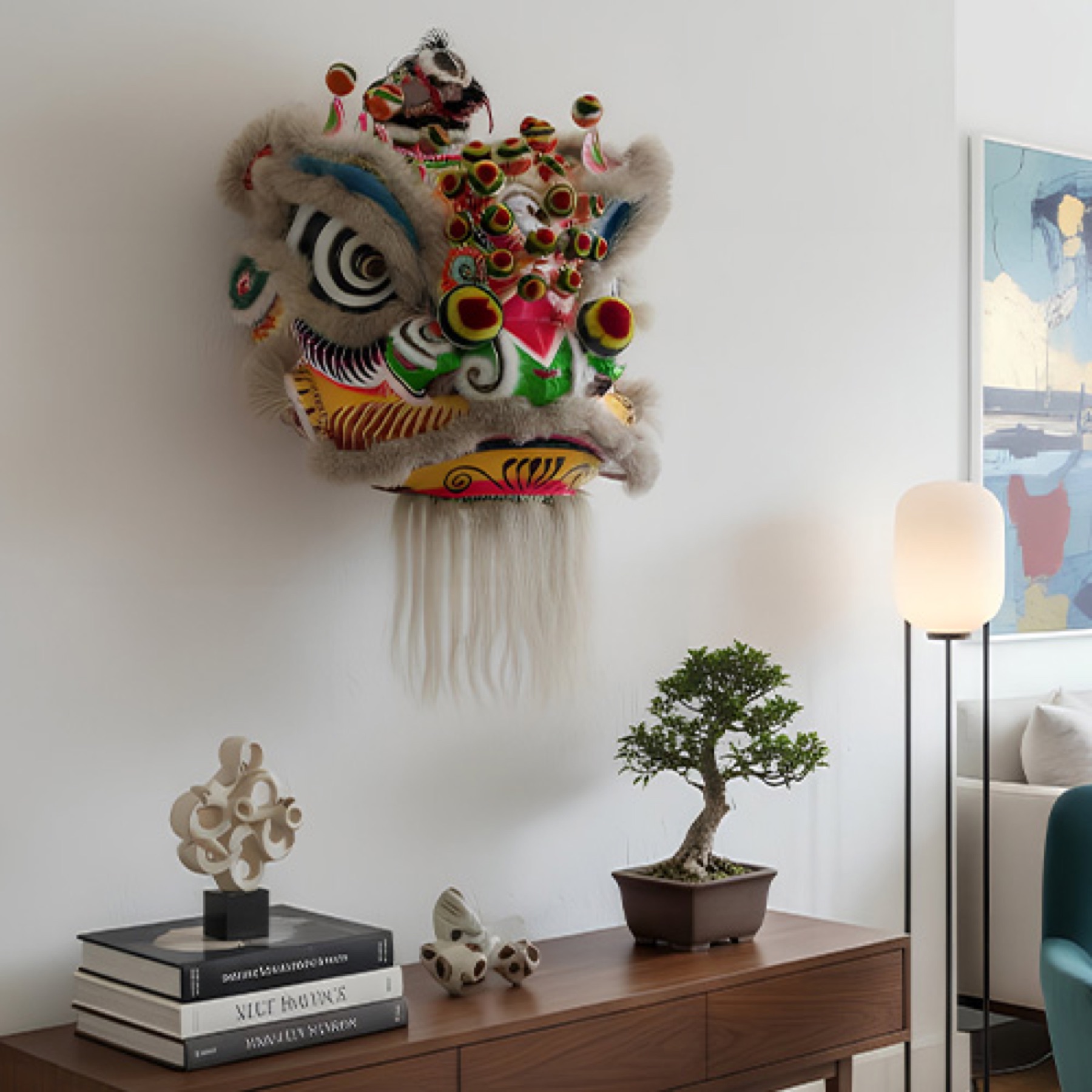 A lion head hung on a living-room wall