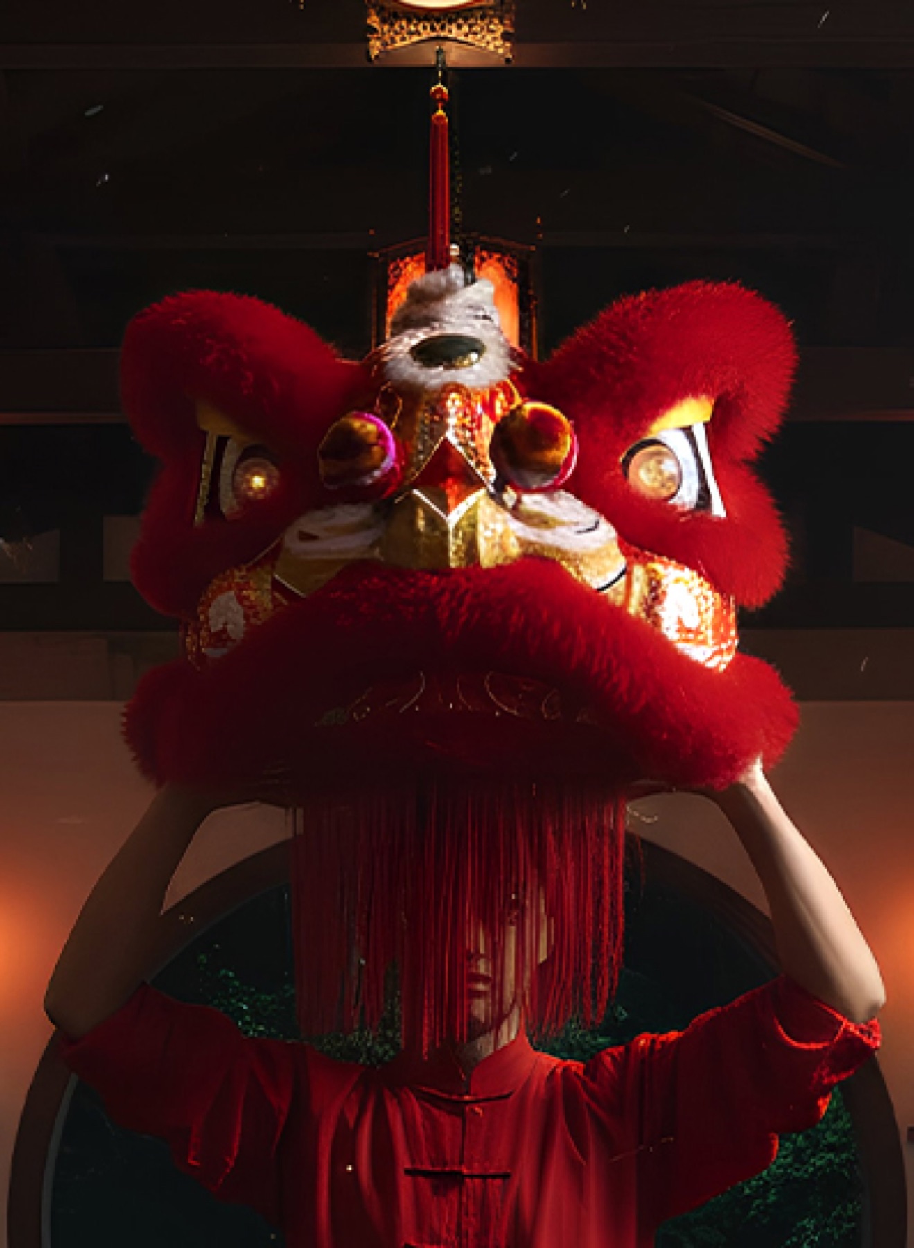 A red lion performing